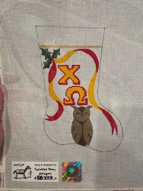 Chi Omega Needlepoint Holiday Owl Stocking Canvas - Red, Gold, Green